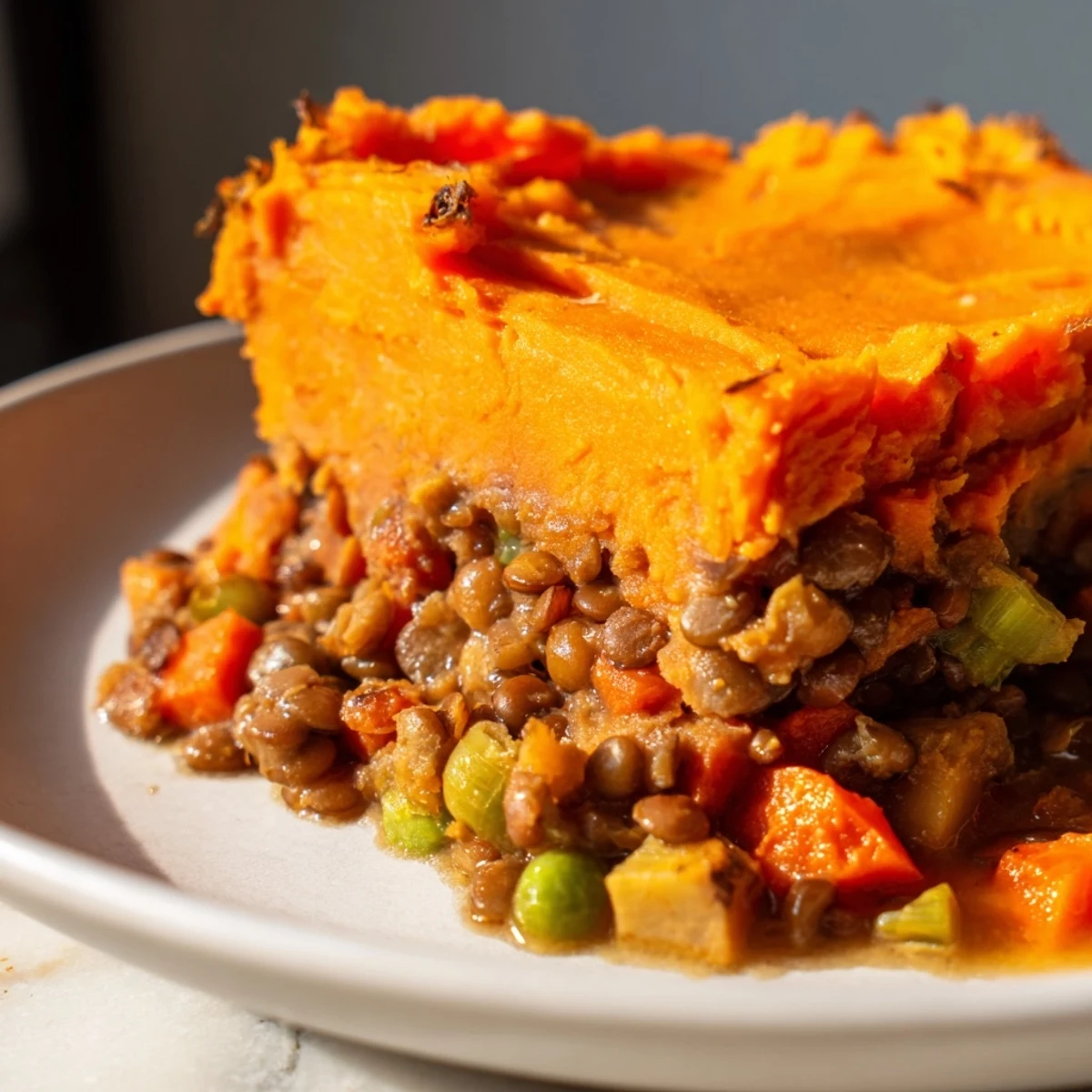 In a white baking dish, Vegetarian Lentil Shepherds Pie with Sweet Potato is served beside a crisp green salad.
