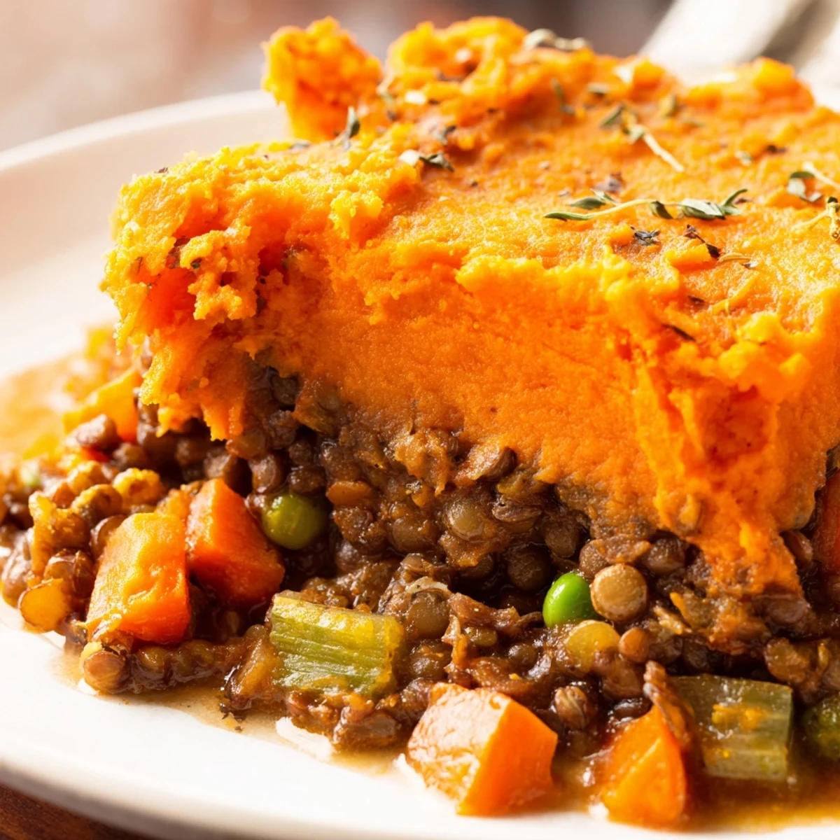 Fork-ready slice of Vegetarian Lentil Shepherds Pie with Sweet Potato reveals hearty lentils and vegetables under creamy sweet potato mash.