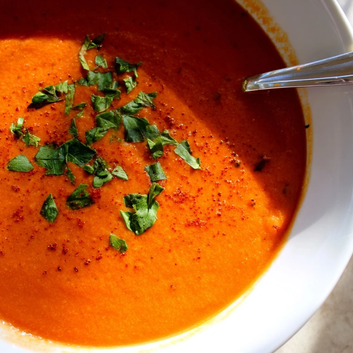 A warm bowl of Roasted Red Pepper and Lentil Soup garnished with fresh parsley and lemon wedges.