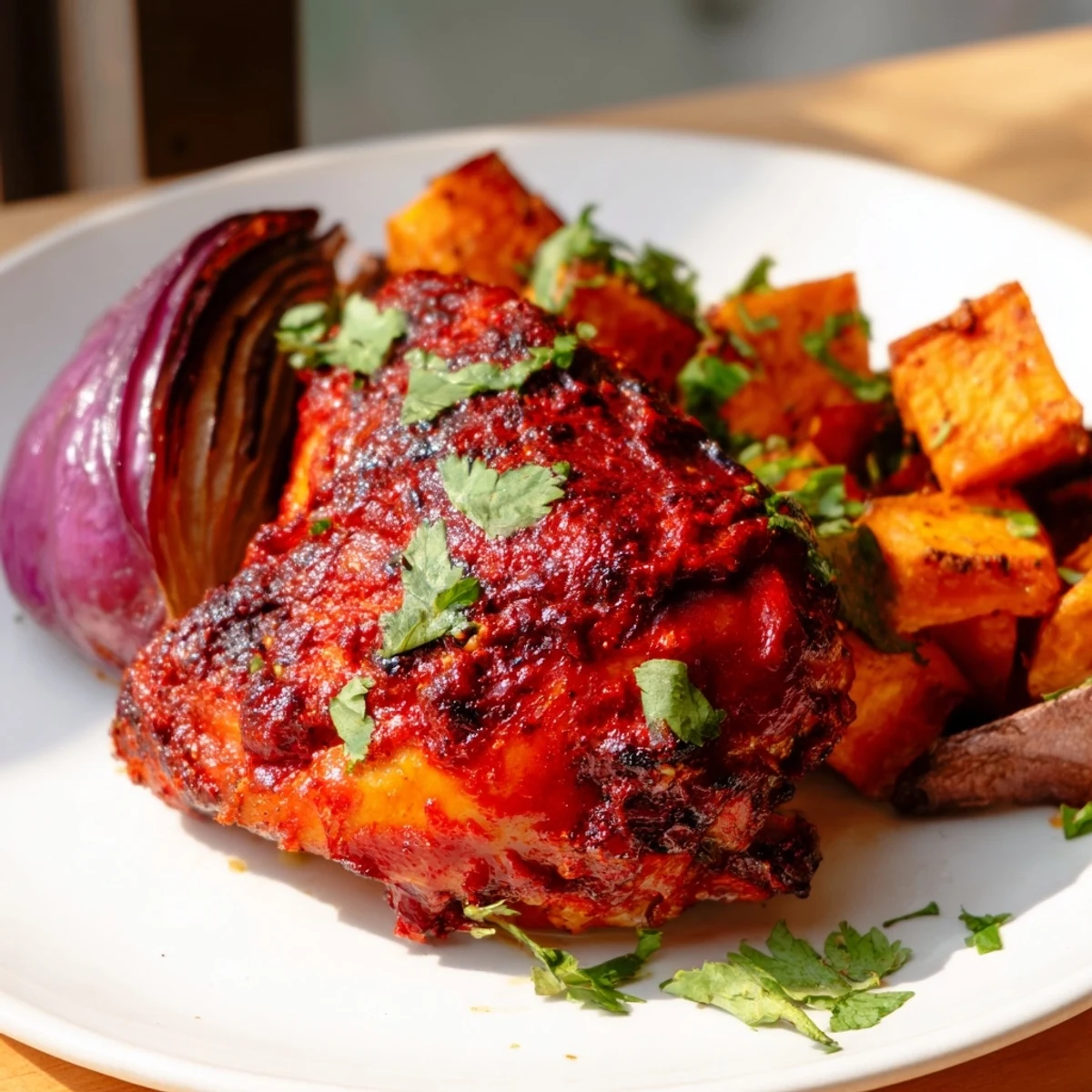 Golden-brown Harissa Roasted Chicken thighs roast over sweet potatoes and onions, garnished with fresh green parsley.