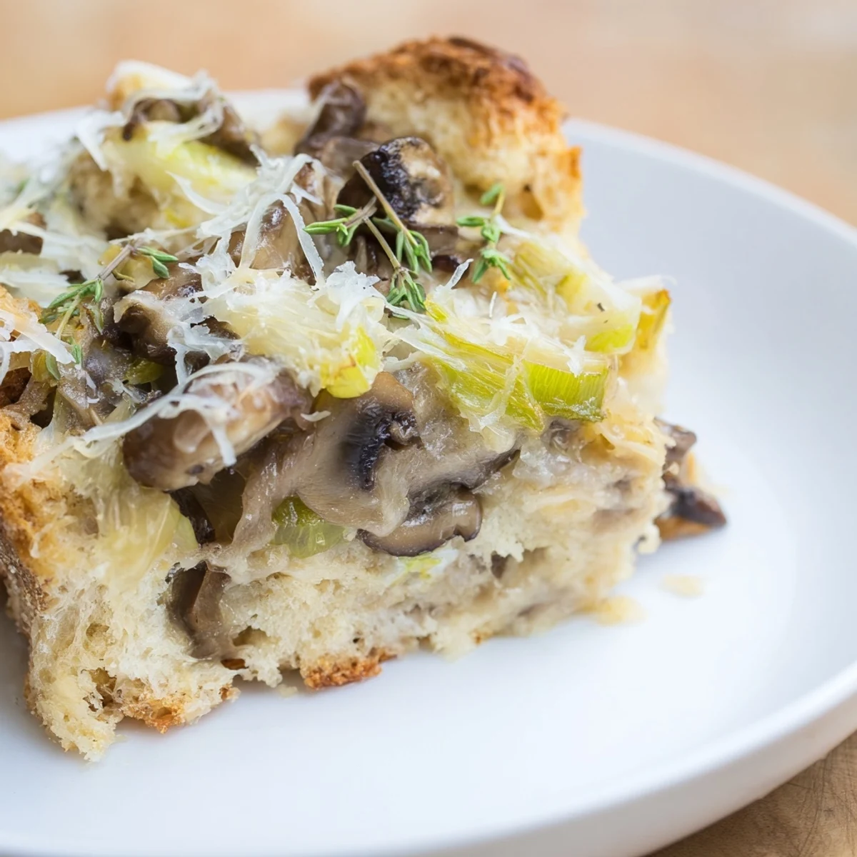 Golden-brown Savory Mushroom and Leek Bread Pudding fresh from the oven, bubbling with melted Gruyère cheese and flecked with fresh thyme.