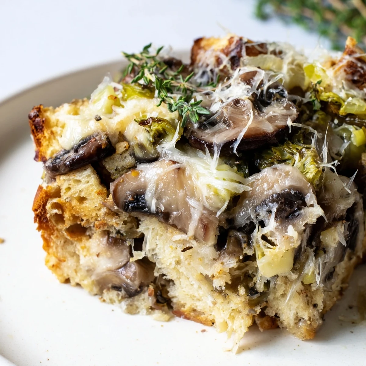 Savory Mushroom and Leek Bread Pudding served warm on a white plate, ready to be paired with a fresh green salad.