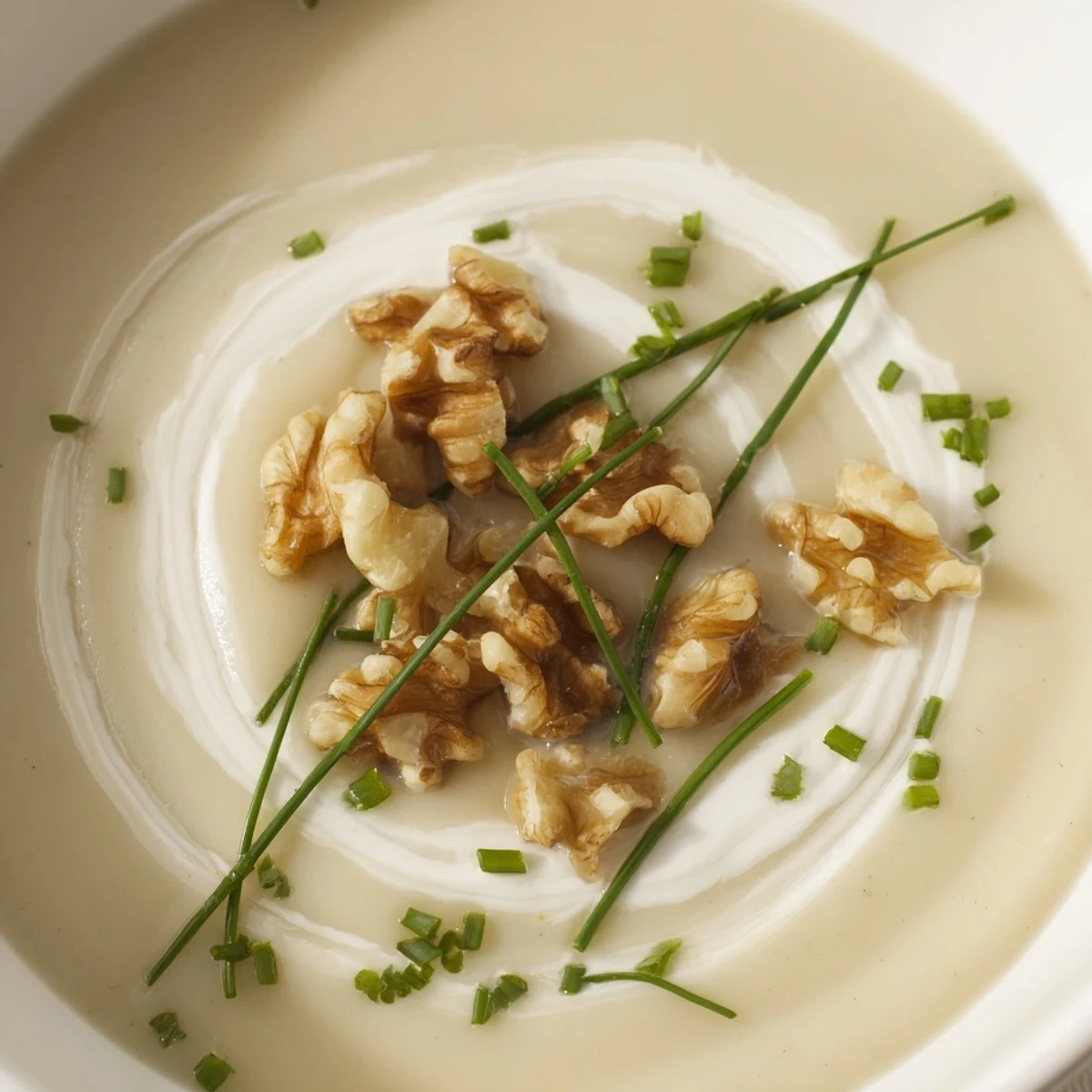 Creamy Parsnip and Pear Soup with Walnuts with a spoon, garnished with fresh herbs for an easy weeknight meal.