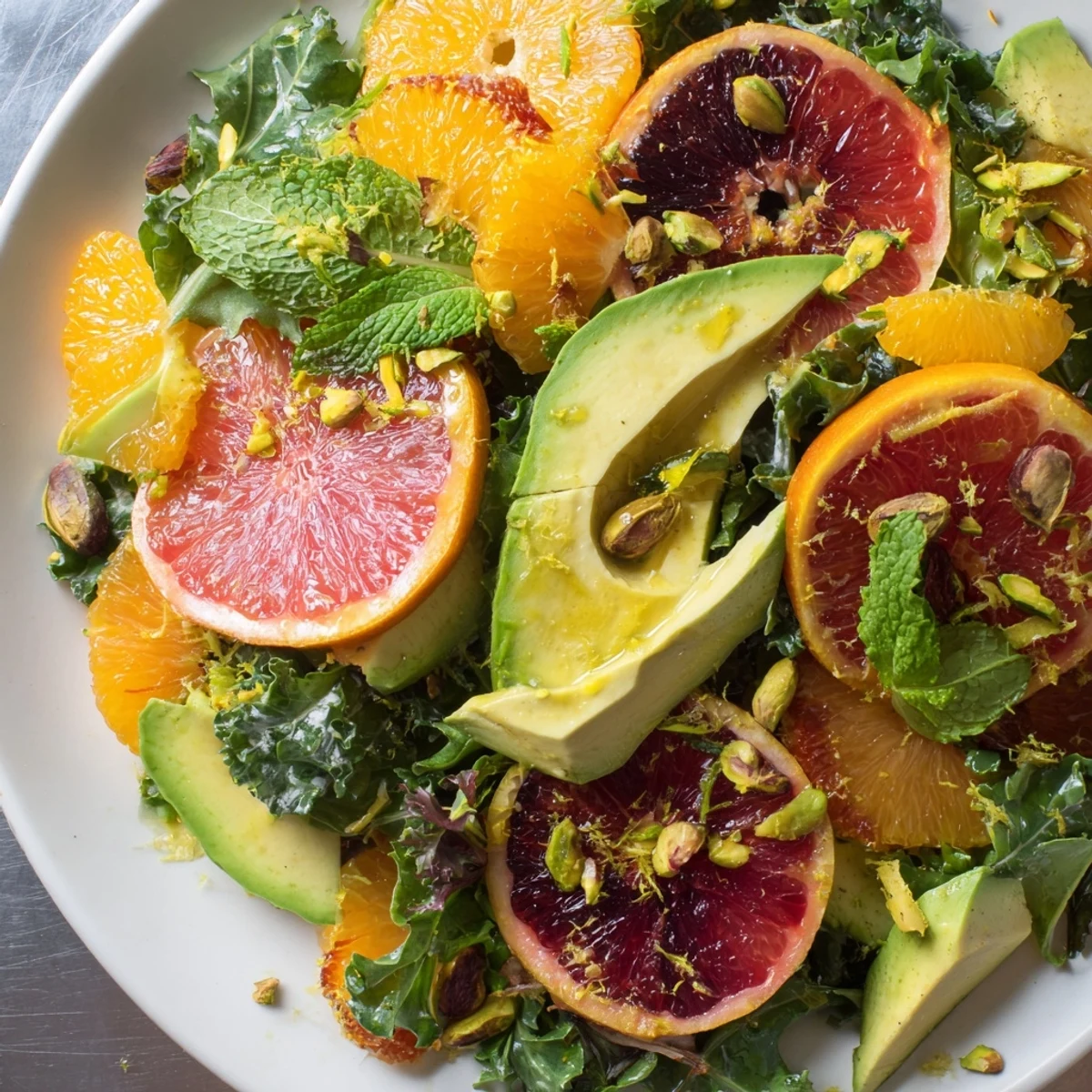Bright citrus rounds and grapefruit segments garnished with mint leaves, creating a vibrant Winter Citrus and Avocado Salad with Mint on a serving platter.
