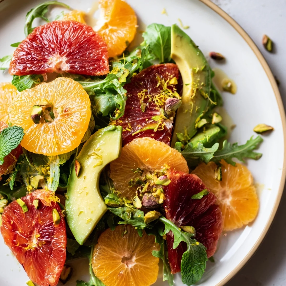 Freshly sliced blood oranges and creamy avocado on mixed greens, drizzled with a citrus dressing for the Winter Citrus and Avocado Salad with Mint.