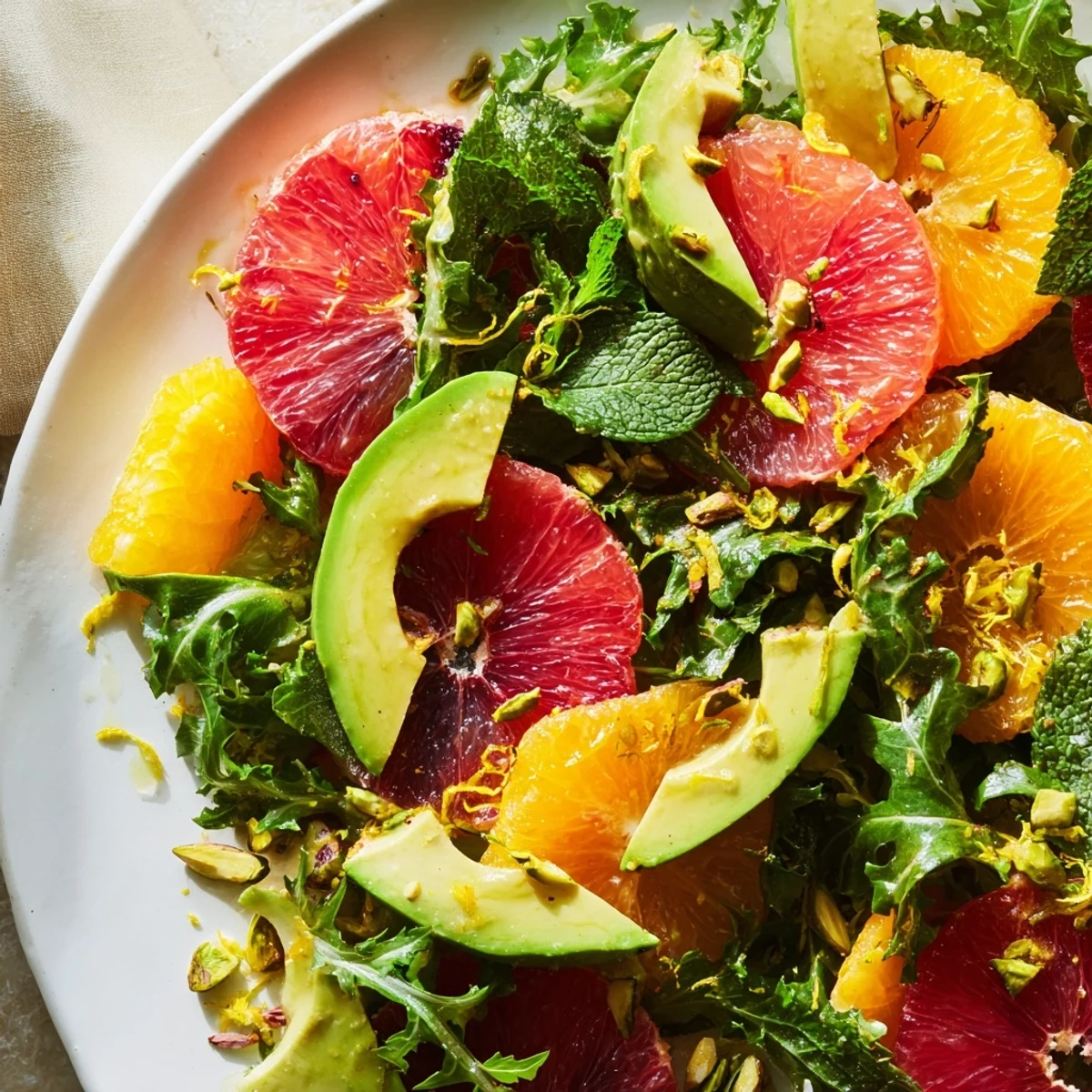 Close-up of juicy oranges and sliced avocado on arugula, sprinkled with pistachios and zest for a refreshing Winter Citrus and Avocado Salad with Mint.