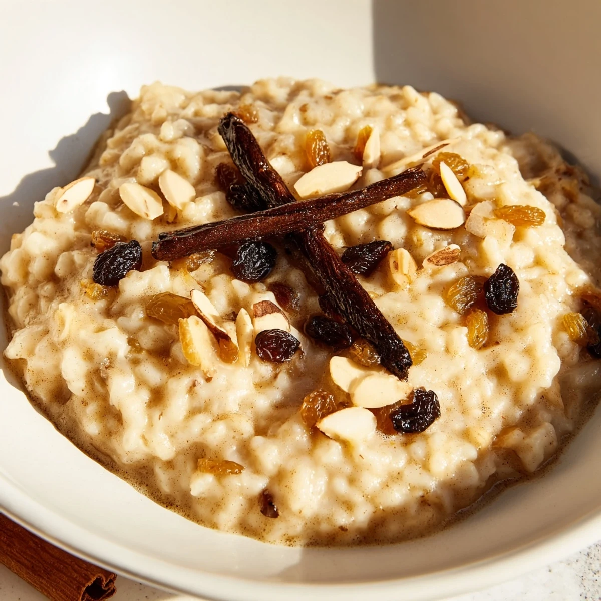 Steaming Warm Chai Spiced Rice Pudding in a saucepan with a wooden spoon, ready to be served warm.