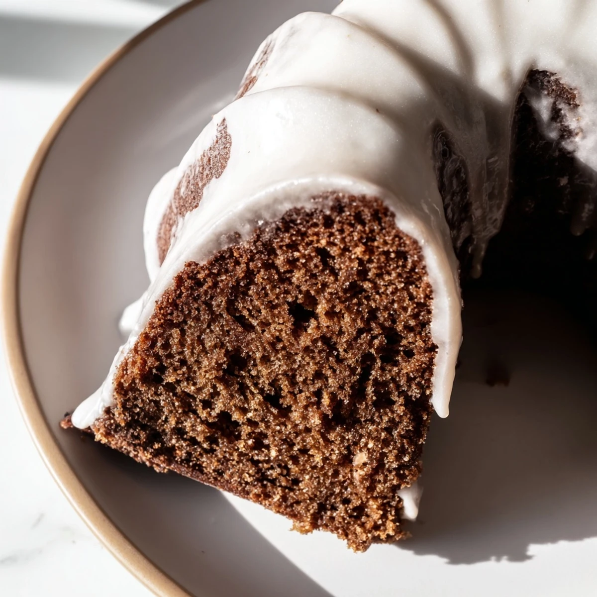 Overhead view of a Gingerbread Spiced Bundt Cake, glaze dripping down golden ridges.
