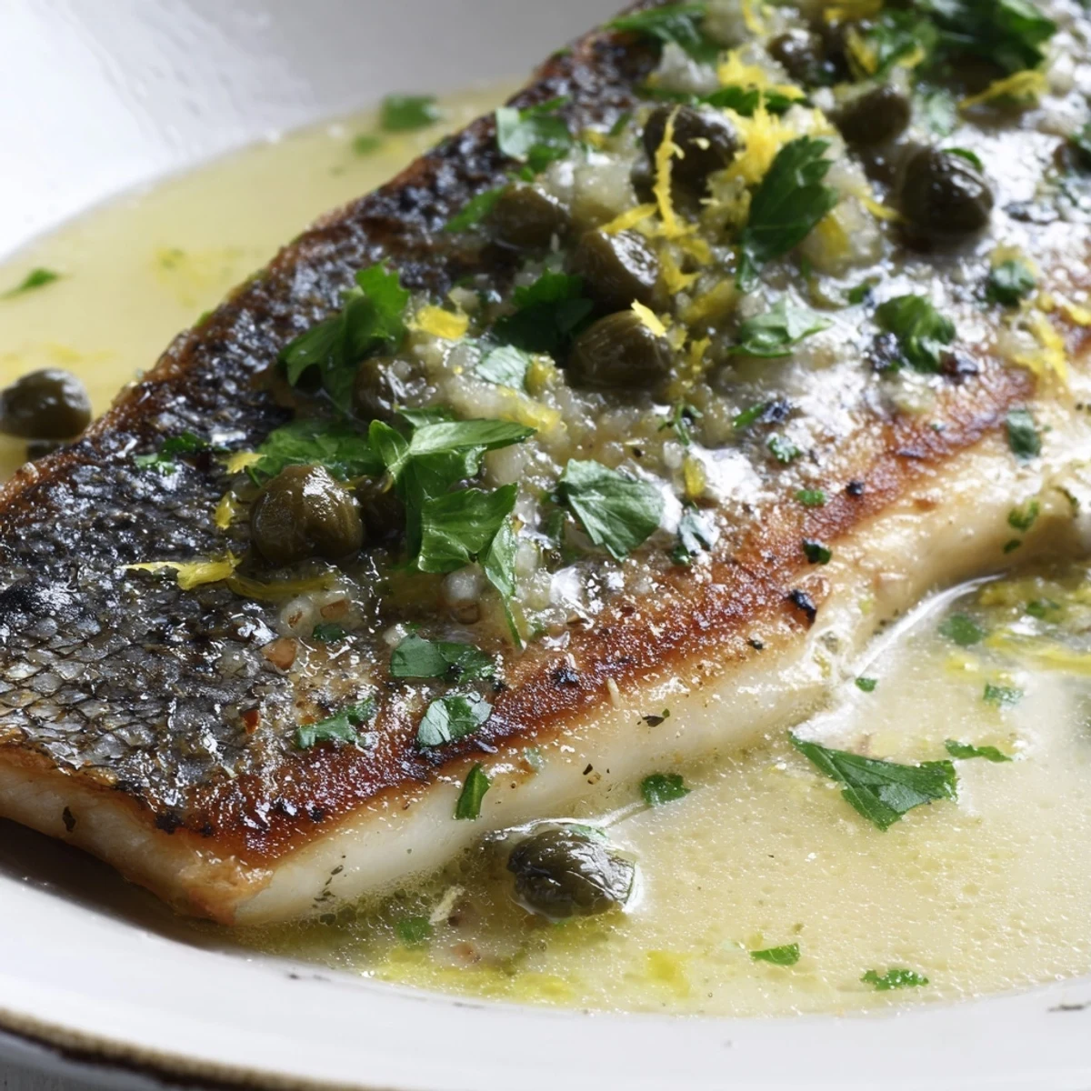 Pan seared sea bass fillets with golden crispy skin, drizzled with bright lemon caper butter sauce.