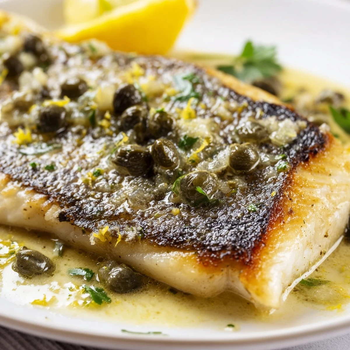 Sizzling Mediterranean pan seared sea bass with lemon caper butter, served with roasted potatoes and spinach.