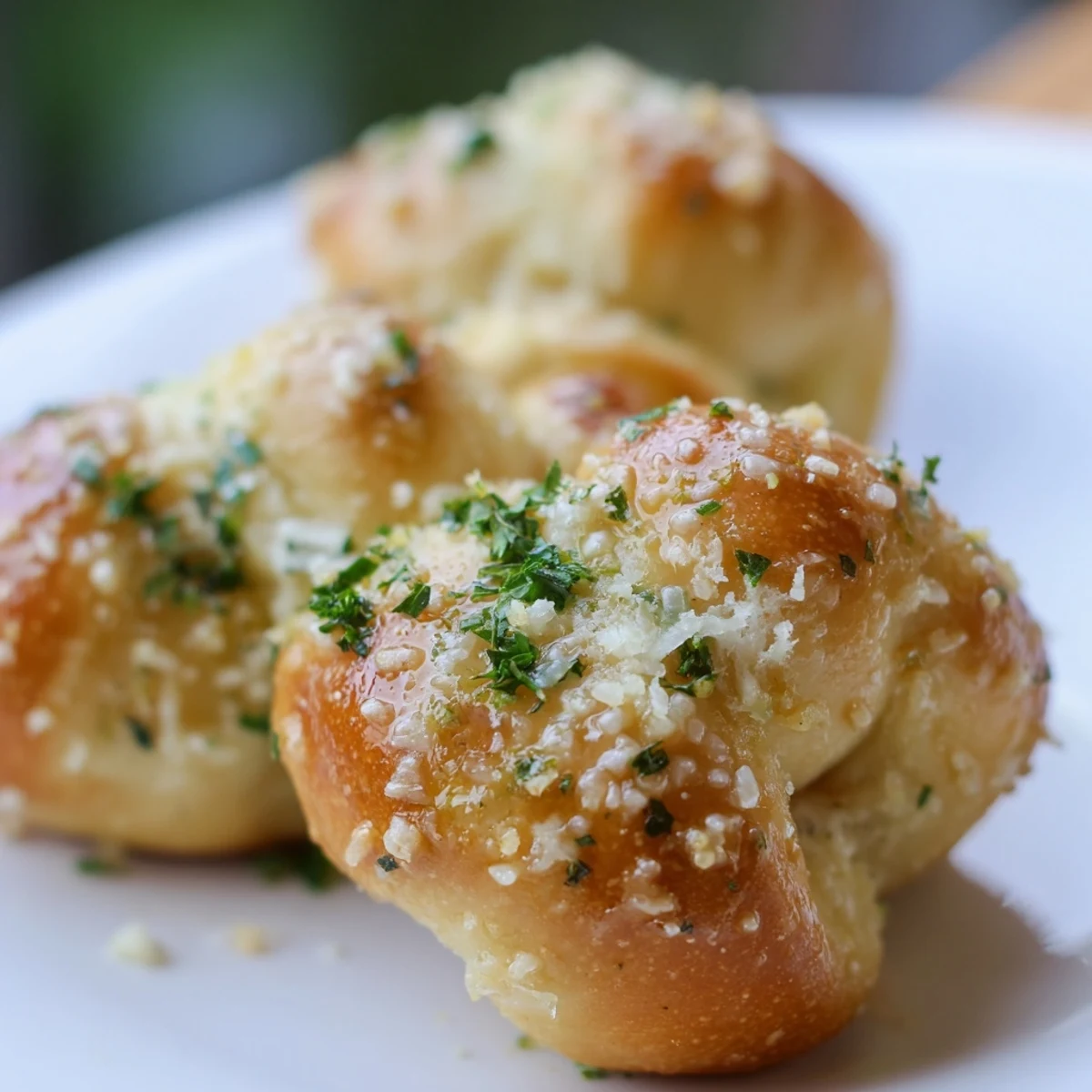 Soft twisted dough knots baked golden with melted butter, minced garlic, and grated parmesan cheese topping. 
