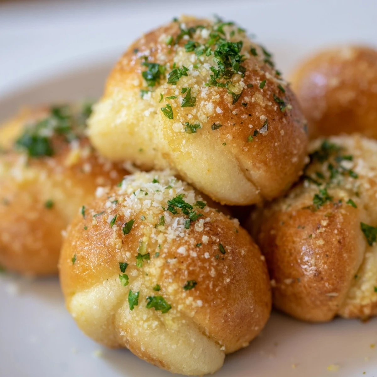 Savory Italian-American parmesan dough knots brushed with garlic butter, fresh parsley, and cheese, served warm. 