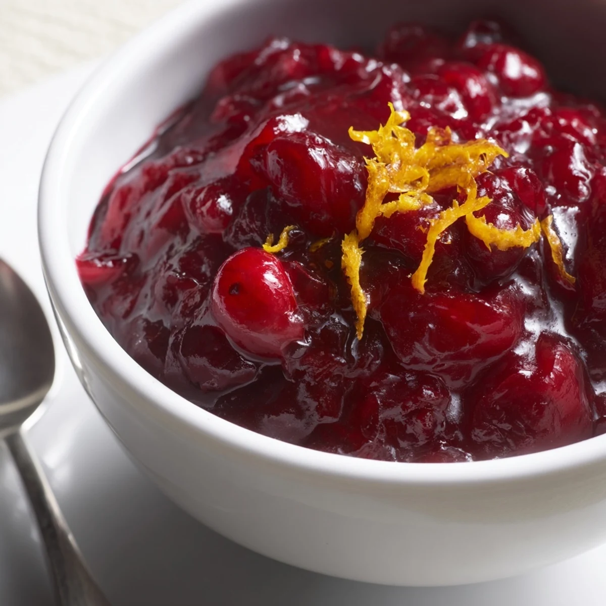 A white bowl of chilled Cranberry Sauce with Orange Juice next to roast turkey and fresh oranges.
