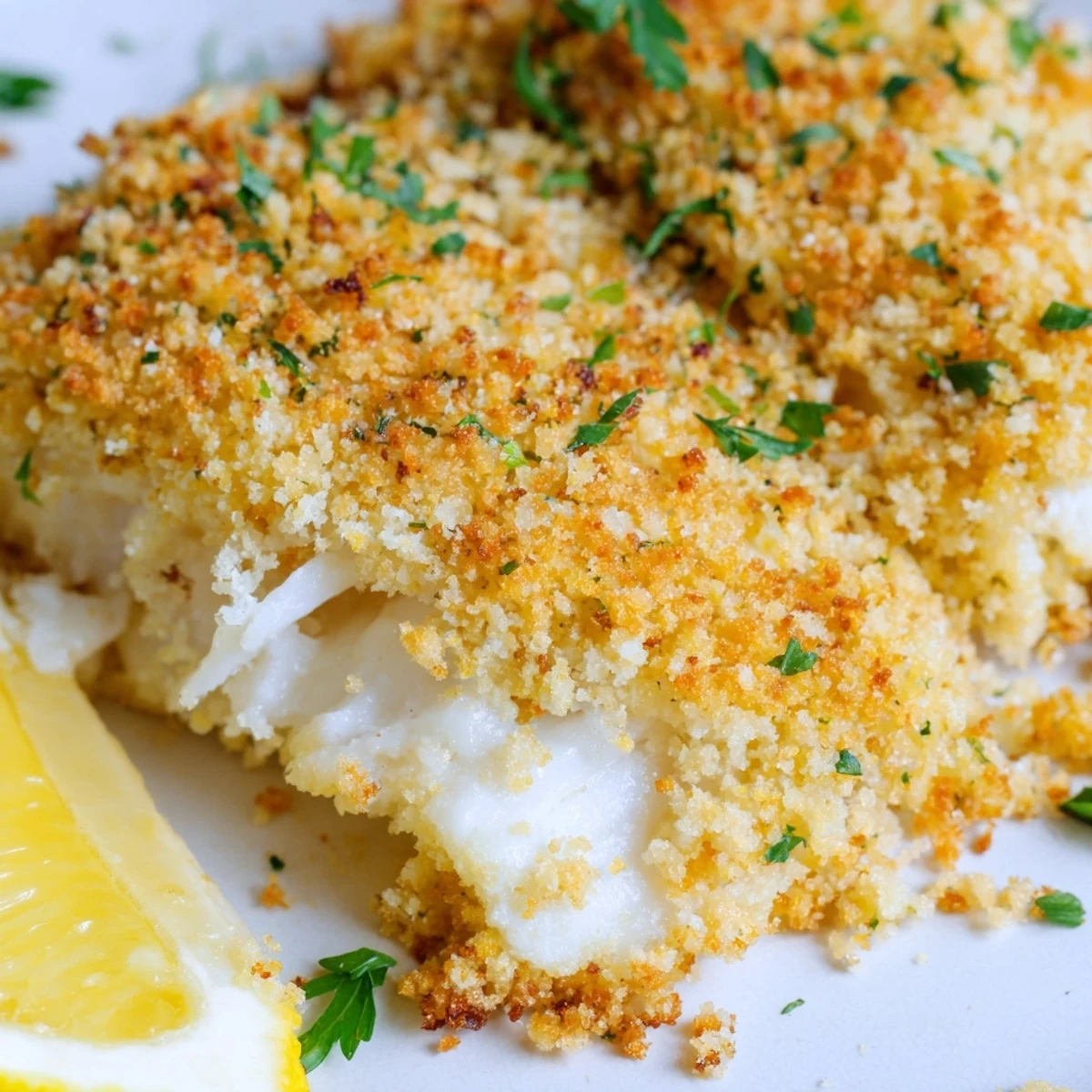 Crusted Baked Cod with Breadcrumb Topping, garnished with parsley, set on a rustic wooden table for dinner.