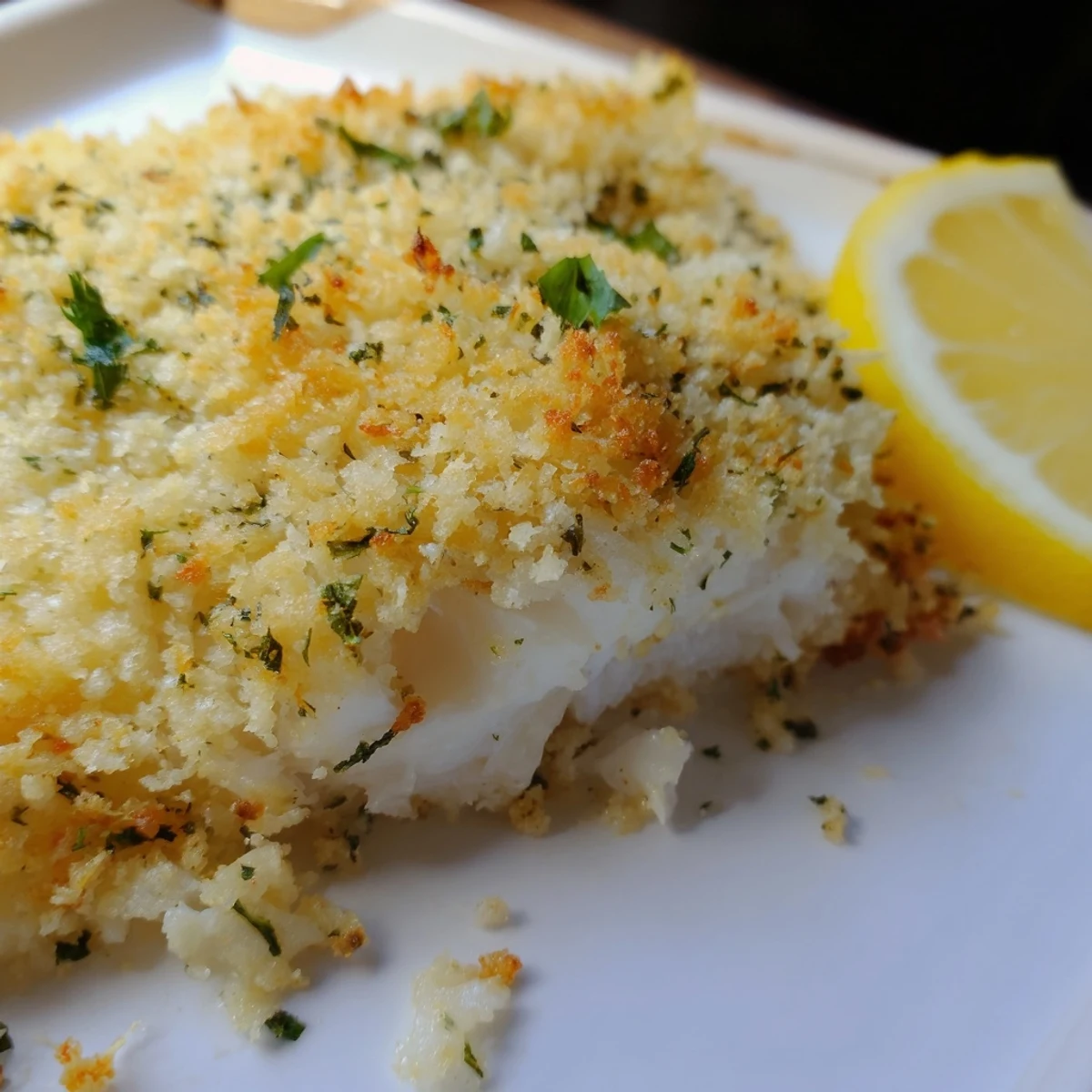 Freshly baked Baked Cod with Breadcrumb Topping flaking easily, paired with green salad and roasted potatoes.