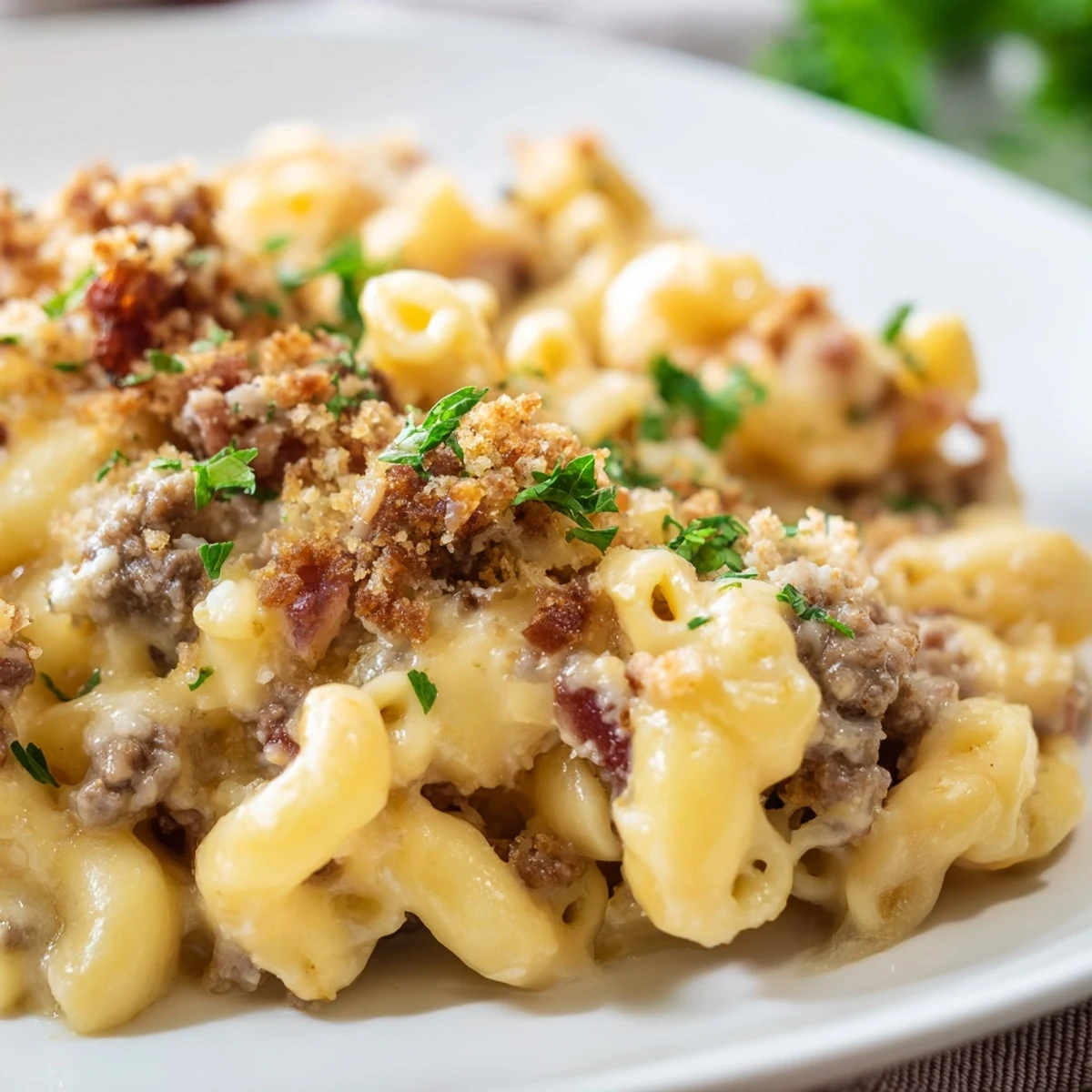 Golden, bubbling Creamy Macaroni and Cheese with Bacon Beef topped with buttery panko and fresh parsley.