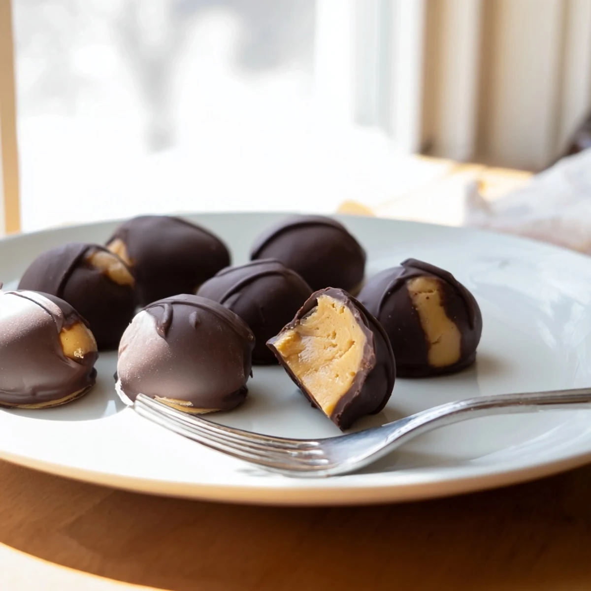 Creamy chocolate peanut butter buckeyes on a holiday platter with crushed peanuts.