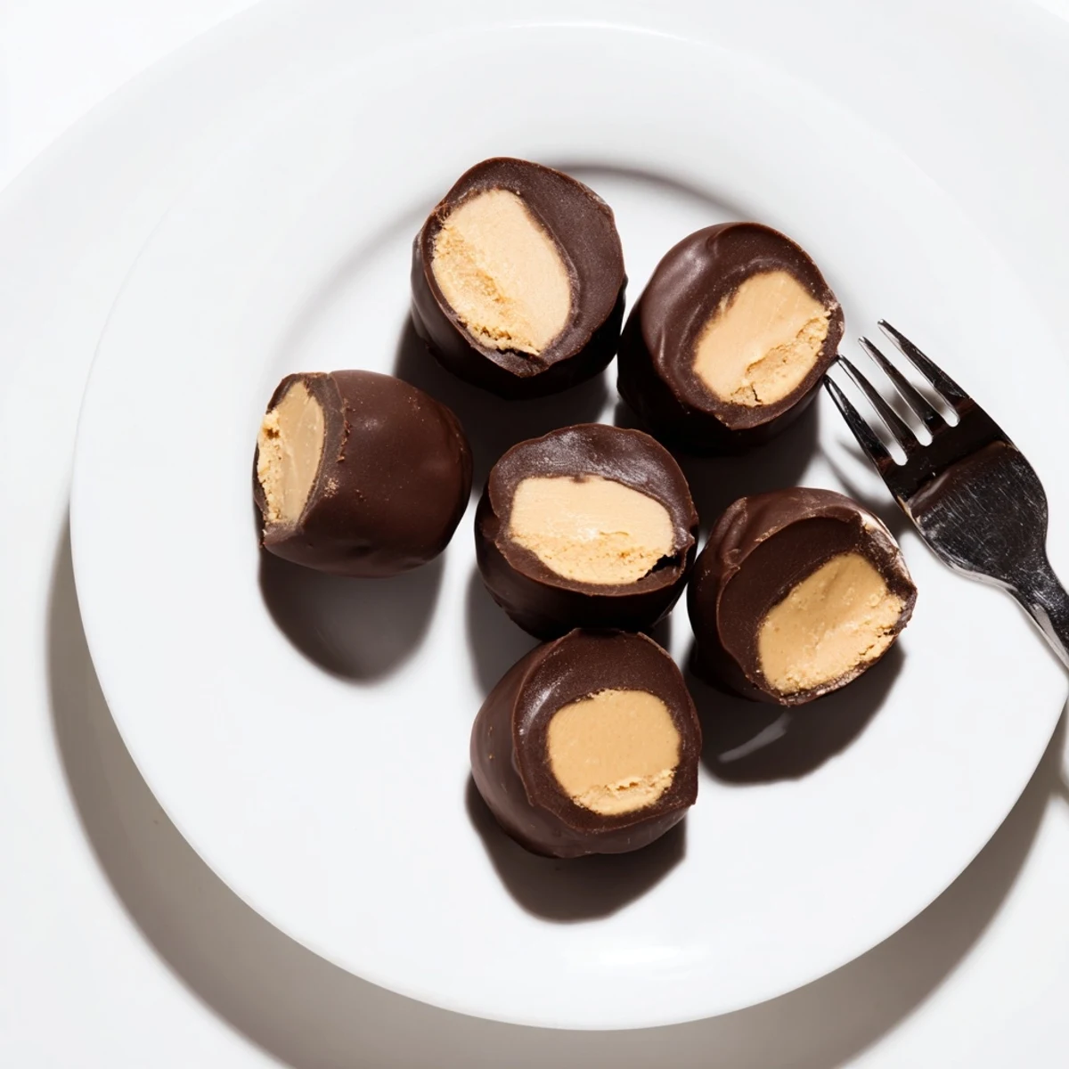 Fudgy chocolate peanut butter buckeyes stacked on a festive dessert tray.