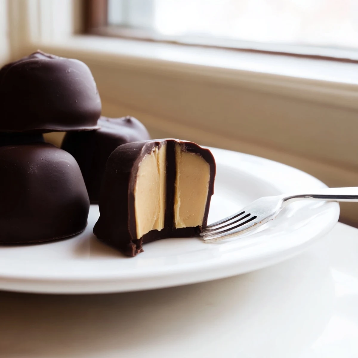 Chocolate peanut butter buckeyes ready to serve with a glass of cold milk.