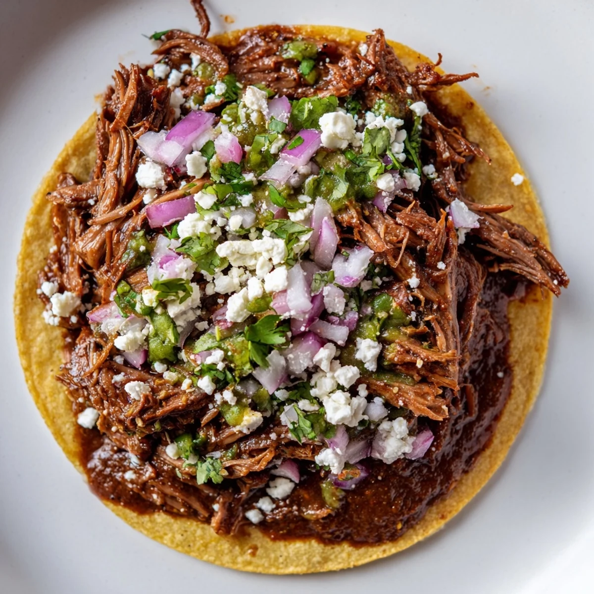 Assembled Slow Cooker Beef Barbacoa Tacos filled with spicy shredded beef, fresh cilantro, and red onion, served with pico de gallo and lime.