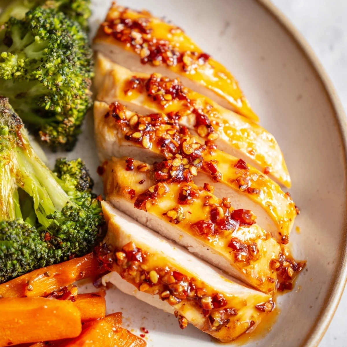 Golden-brown Sheet Pan Honey Garlic Chicken and Veggies roasted with crisp broccoli, carrots, and peppers on a parchment-lined pan.