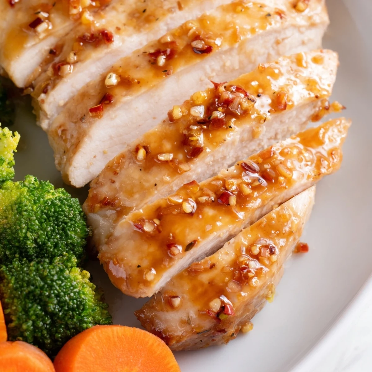 Tender glazed chicken pieces next to colorful roasted vegetables in this easy Sheet Pan Honey Garlic Chicken and Veggies meal.
