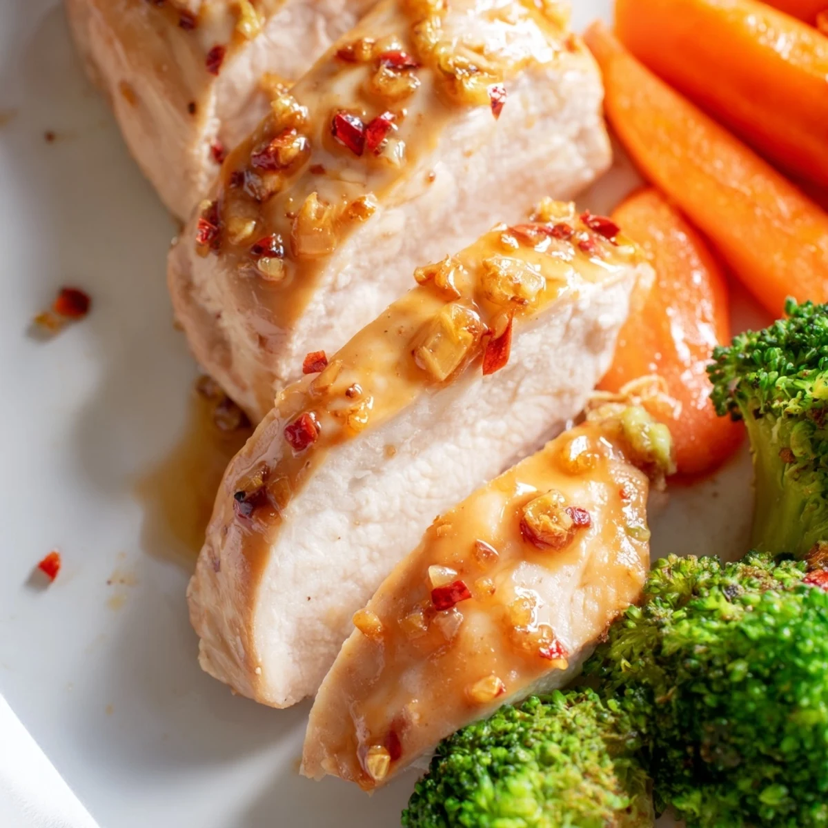 A deliciously caramelized serving of Sheet Pan Honey Garlic Chicken and Veggies plated with fresh herbs and a drizzle of sauce.