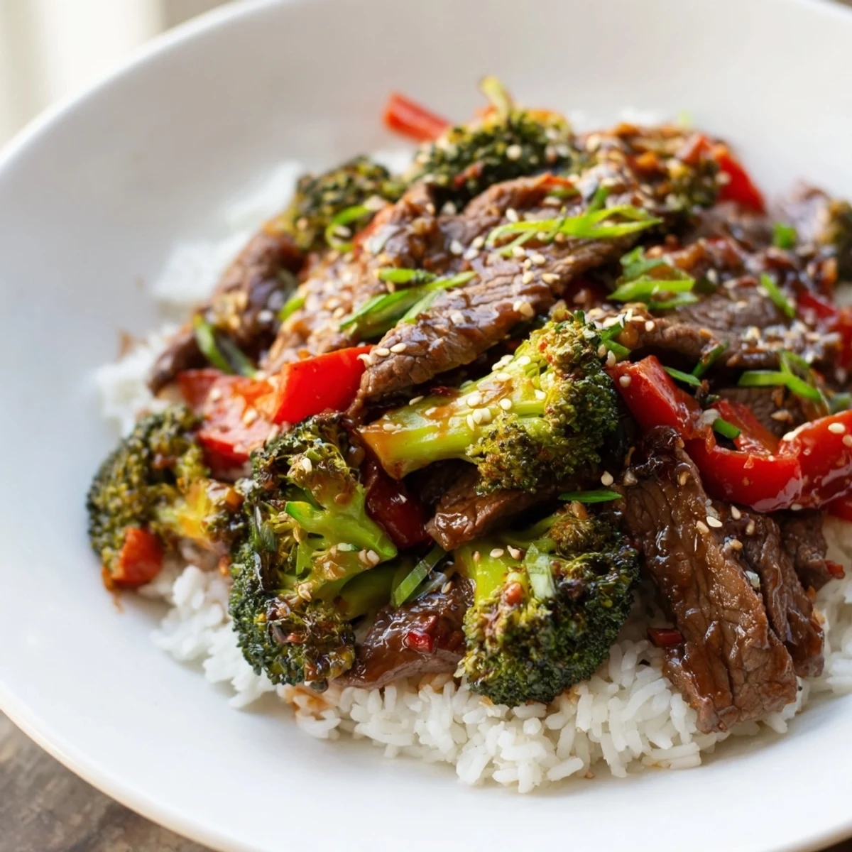 Tender beef strips and crisp broccoli florets are coated in a glossy ginger glaze, sizzling in a skillet.