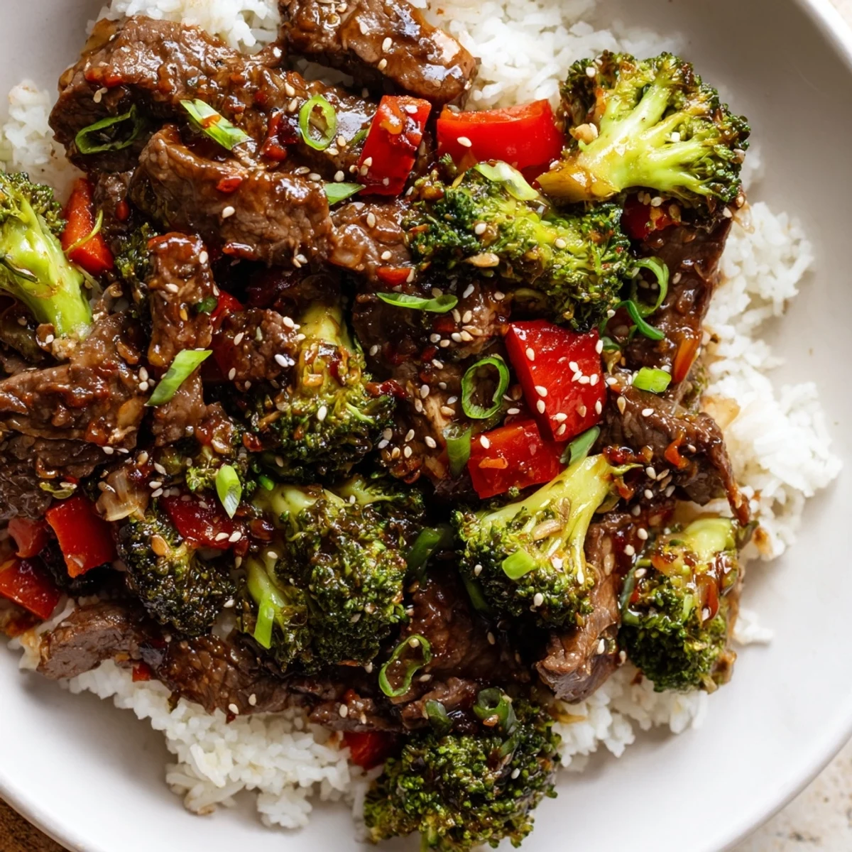 Beef and Broccoli Stir Fry with Ginger Glaze is served hot over fluffy white rice, garnished with sesame seeds.