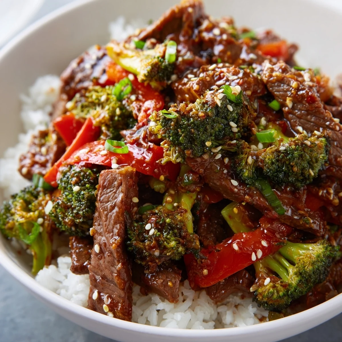 A close-up of Beef and Broccoli Stir Fry with Ginger Glaze and red bell pepper slices, ready to serve.