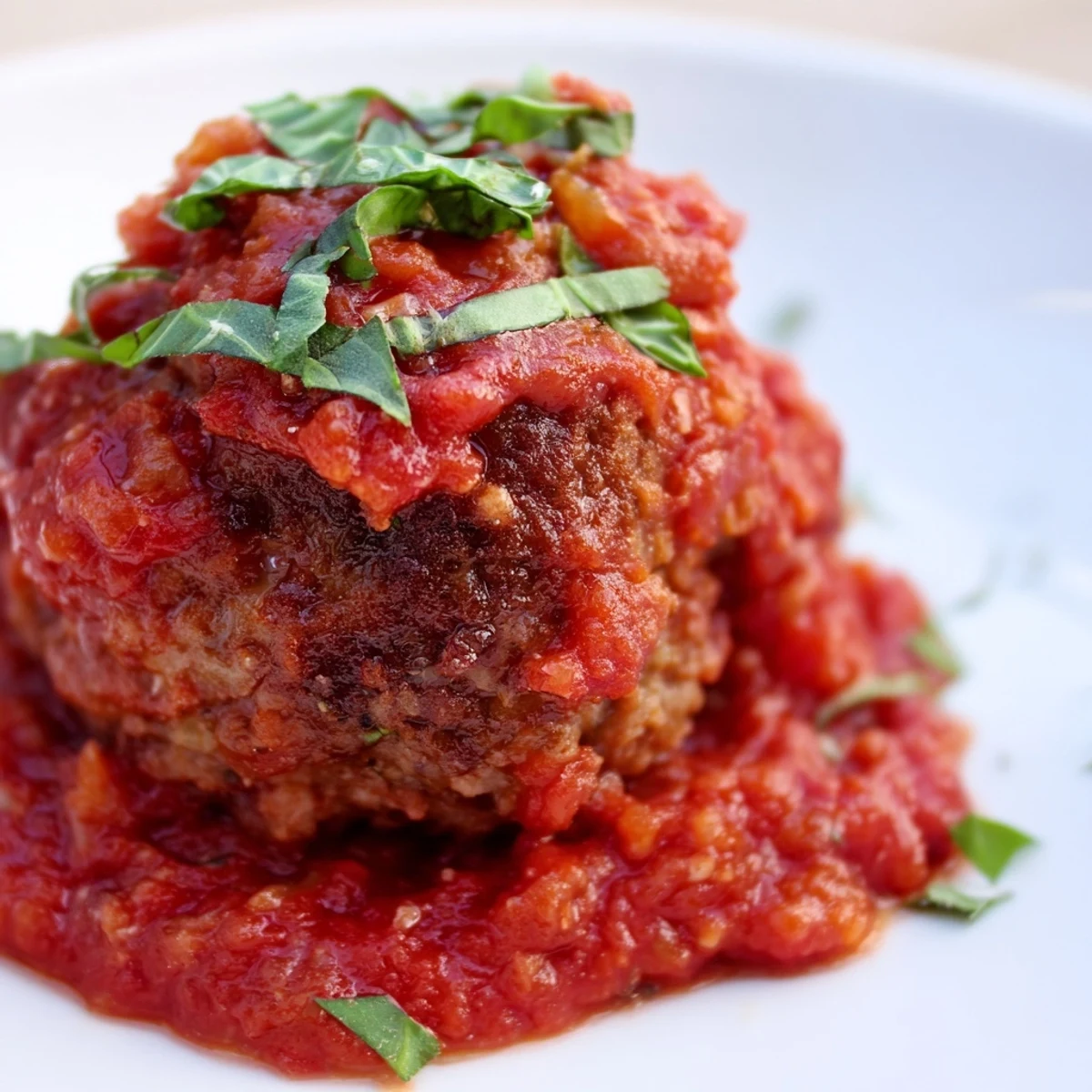 Golden-brown turkey meatballs in rich marinara sauce, garnished with fresh basil and served over spaghetti.