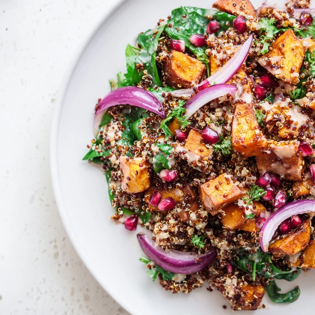 A nourishing vegetarian dinner salad featuring vibrant orange sweet potatoes, fresh spinach, and rich tahini drizzle.