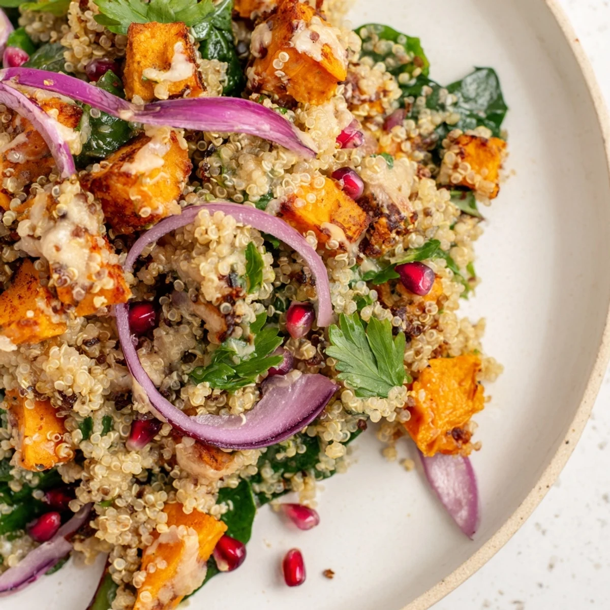 Fluffy quinoa and caramelized roasted sweet potatoes tossed in creamy lemon-tahini dressing for a warm, satisfying bowl.