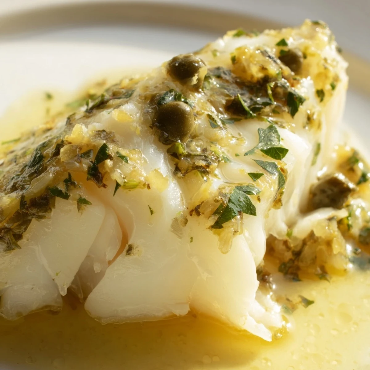 Close-up of Baked Cod with Lemon Butter and Capers, showing tender fish and a glistening, aromatic sauce in a baking dish.