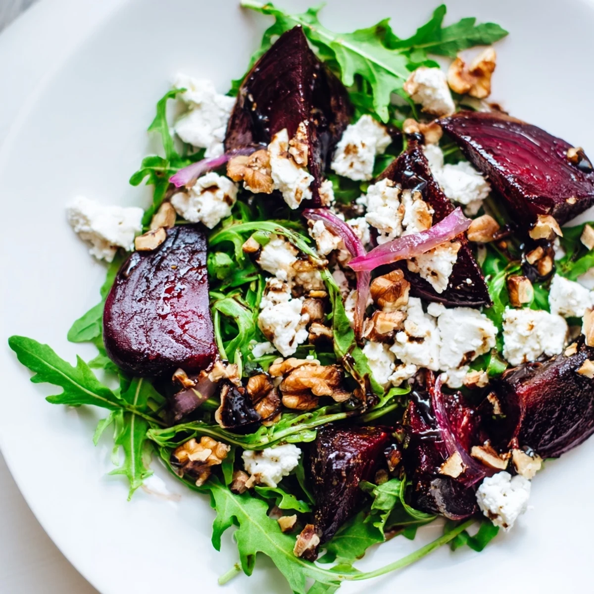 Sliced roasted beets arranged over fresh arugula with crumbled feta and a zesty balsamic vinaigrette drizzle.