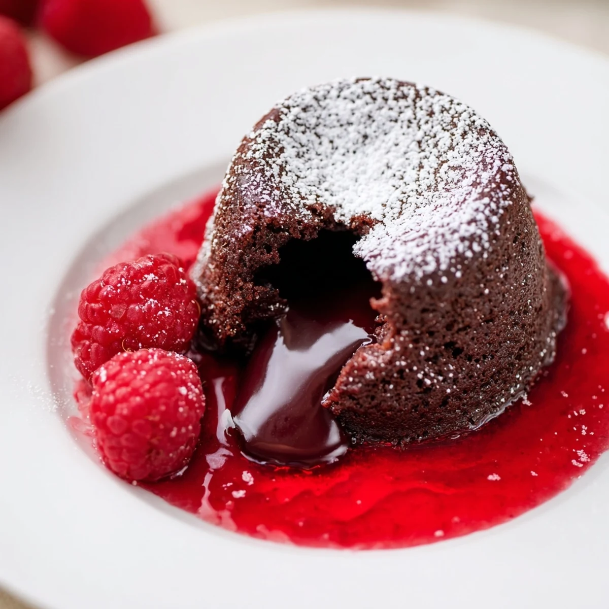 Freshly baked Chocolate Lava Cakes with Raspberry Coulis, dusted with powdered sugar and garnished with berries.