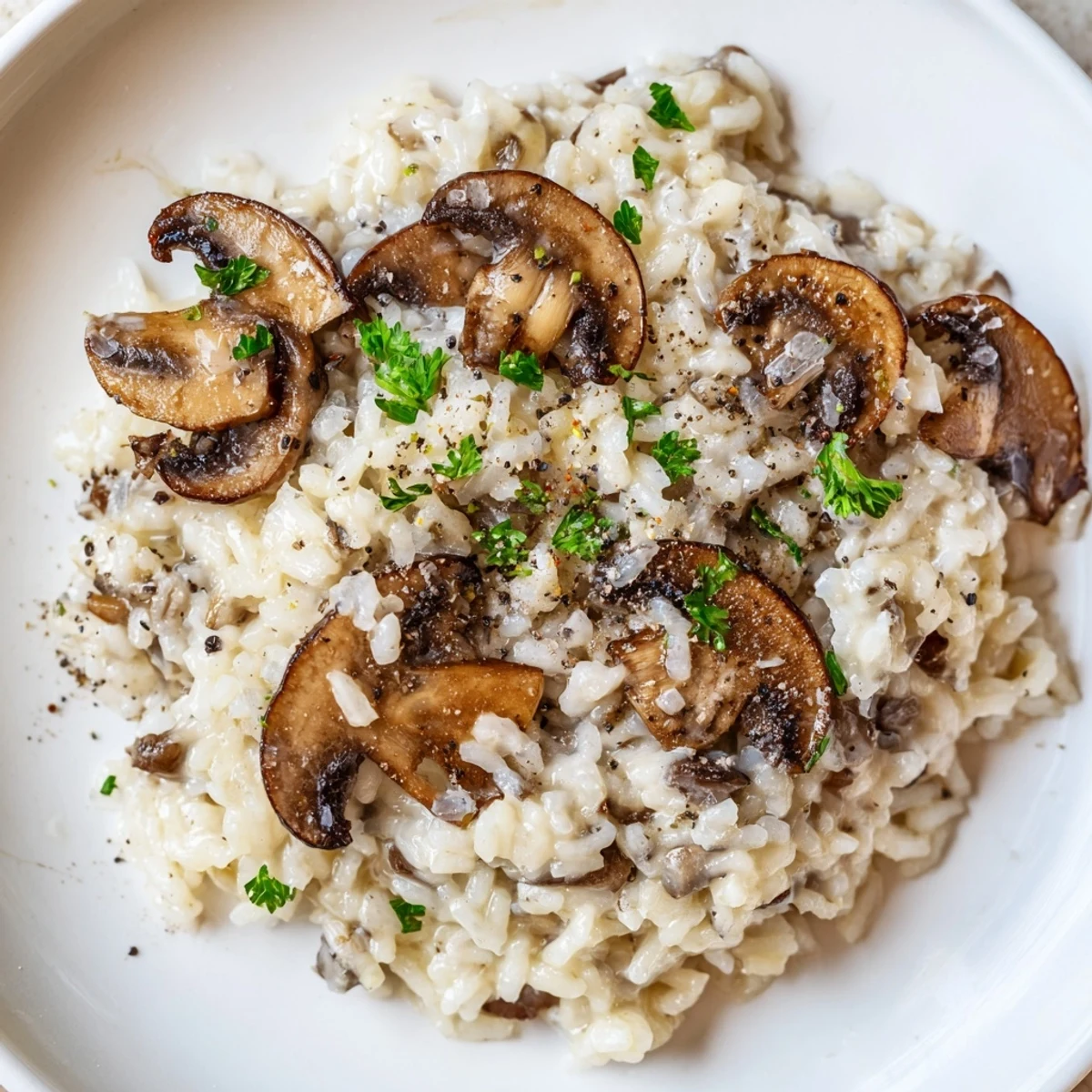 Creamy Mushroom Risotto with Truffle Oil in a white bowl, garnished with fresh parsley and grated Parmesan.