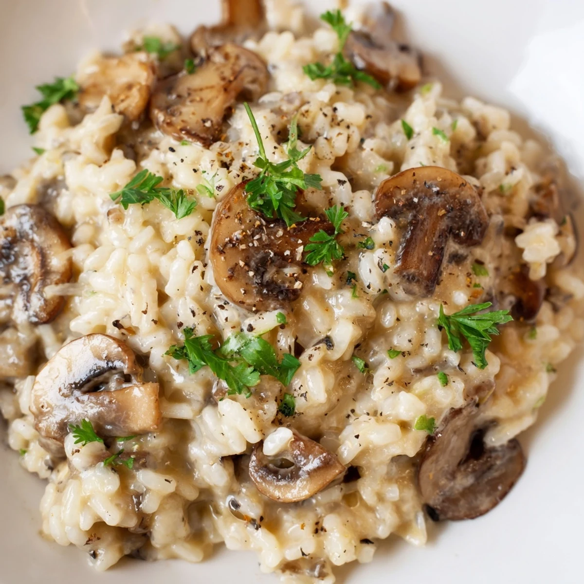 Warm, creamy Mushroom Risotto with Truffle Oil served in a skillet, steam rising above golden grains.