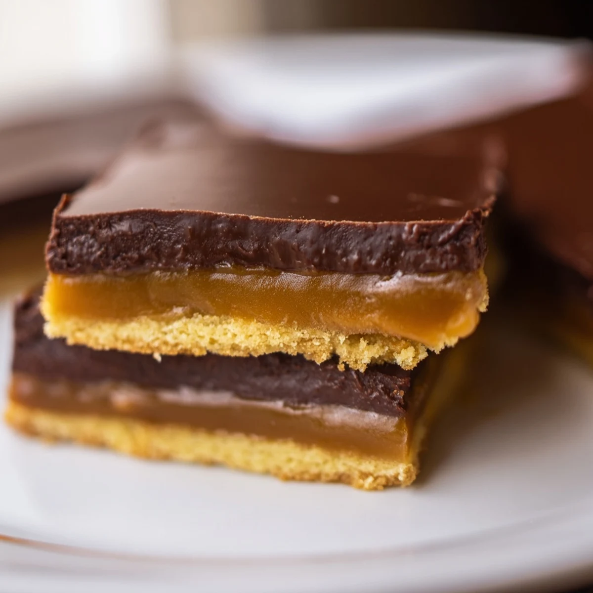 Chilled layers of golden shortbread, buttery caramel, and glossy chocolate create a stunning dessert bar presentation.