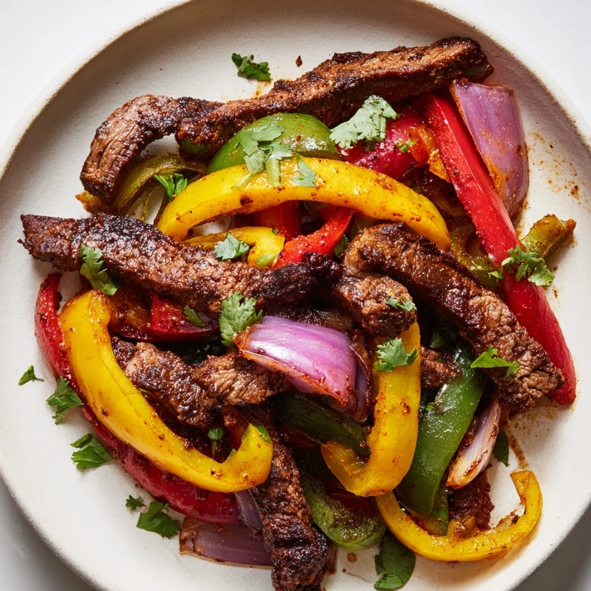 Freshly cooked Beef Fajita Skillet with tender beef strips, sautéed bell peppers, and onions in a hot pan.
