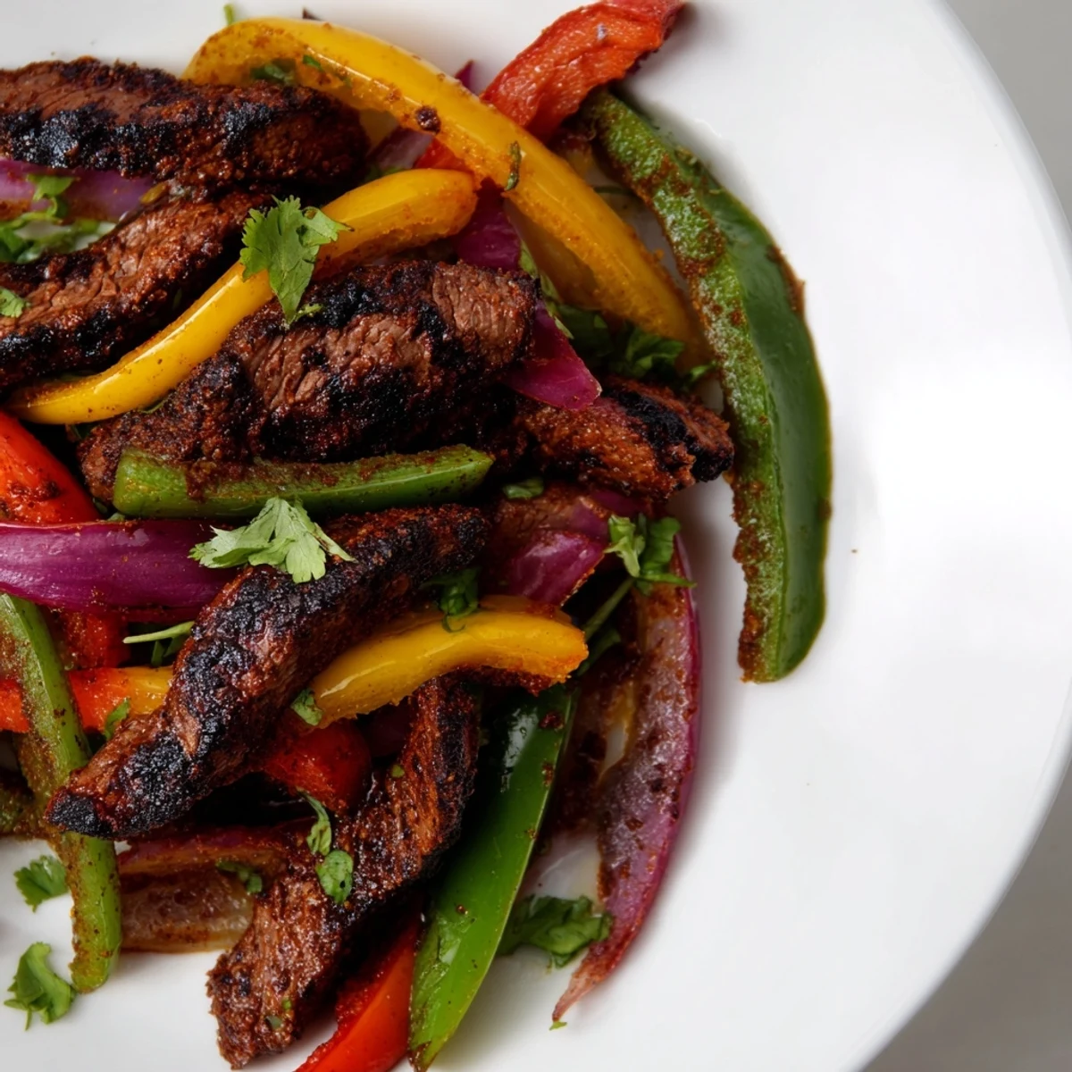 Served Beef Fajita Skillet with warm flour tortillas, lime wedges, and fresh cilantro, ready for a delicious dinner.
