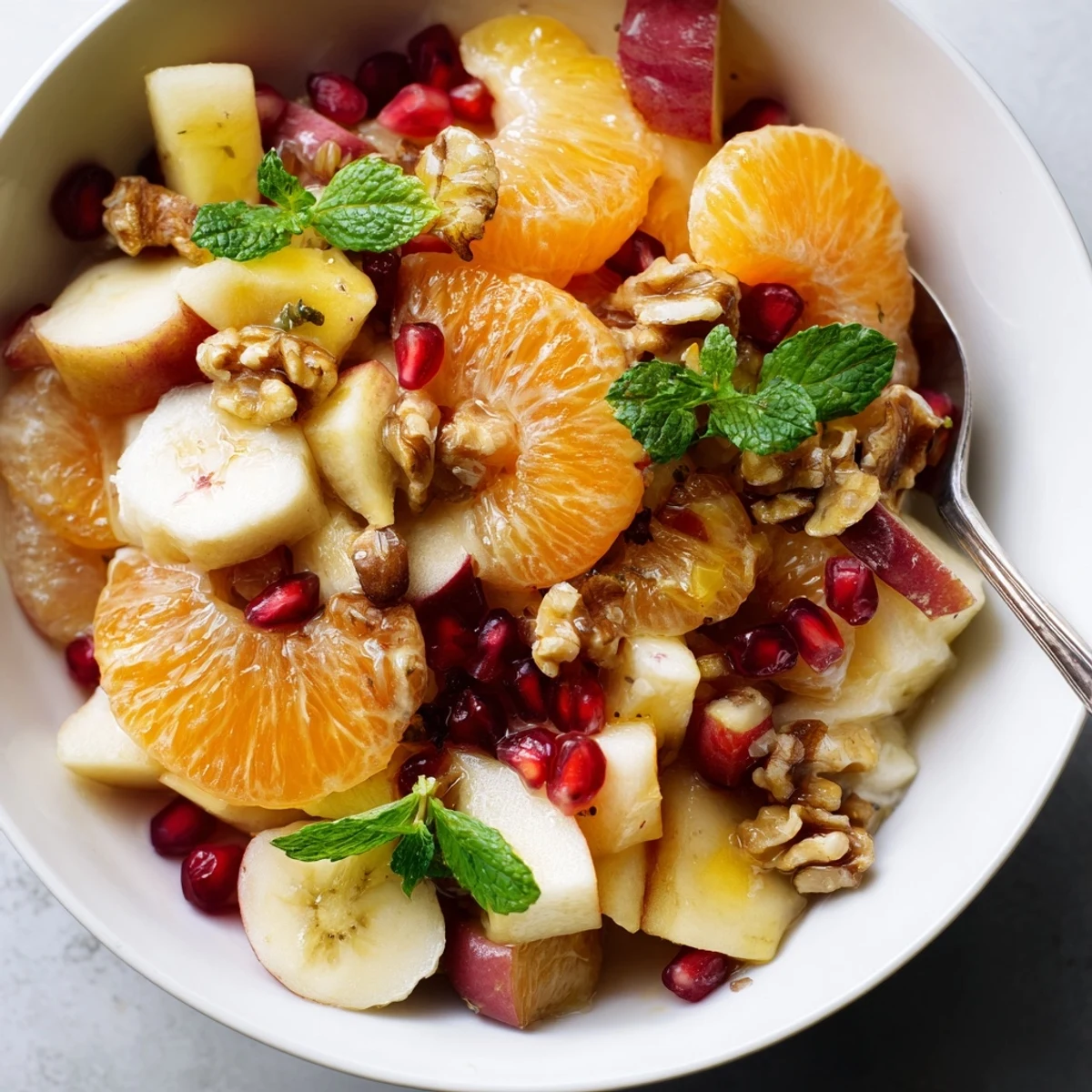 Winter Fruit Salad with Citrus served on a platter, featuring a vibrant mix of colorful fruits drizzled with a honey and cinnamon dressing and sprinkled with fresh mint.
