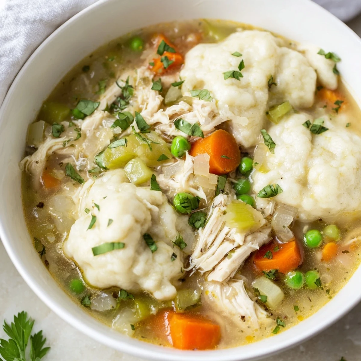 Fluffy dumplings and tender shredded chicken in a savory broth with peas and carrots.