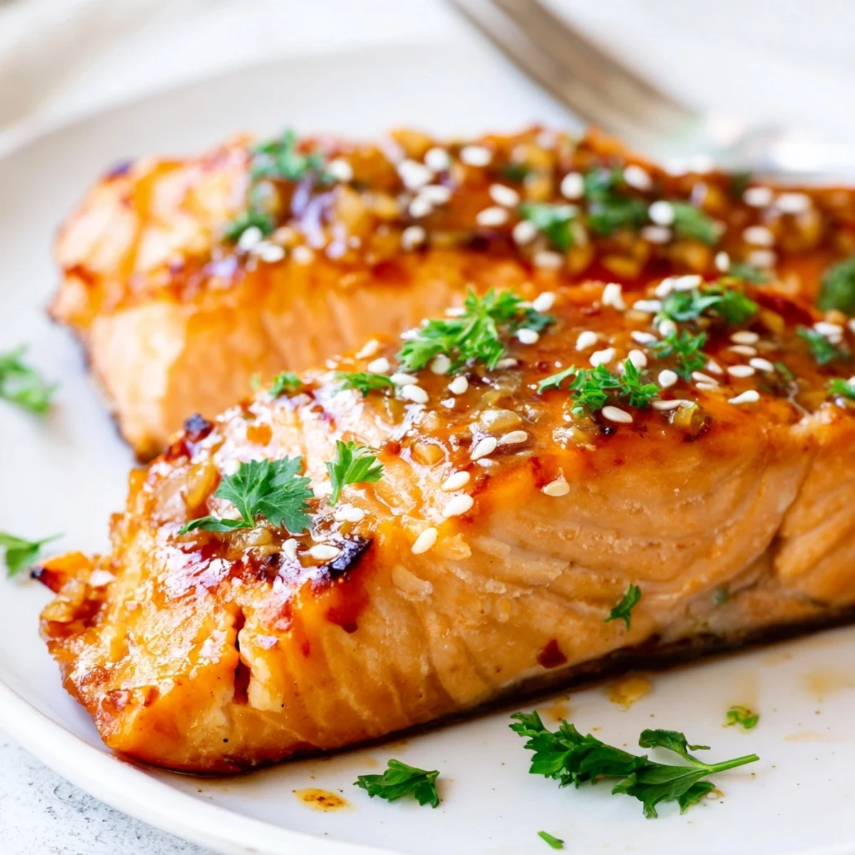 Golden brown Baked Salmon with Honey Garlic Glaze fresh from the oven, garnished with parsley and lemon wedges on a dark plate.
