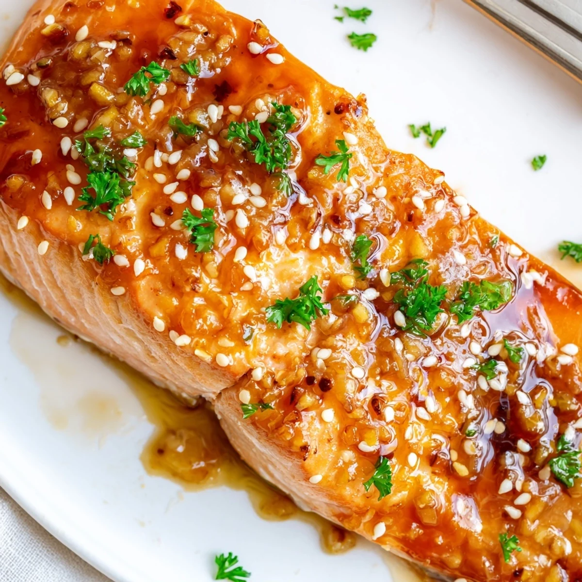A close-up of juicy Baked Salmon with Honey Garlic Glaze, showing a sticky, caramelized top and tender flakes ready to eat.