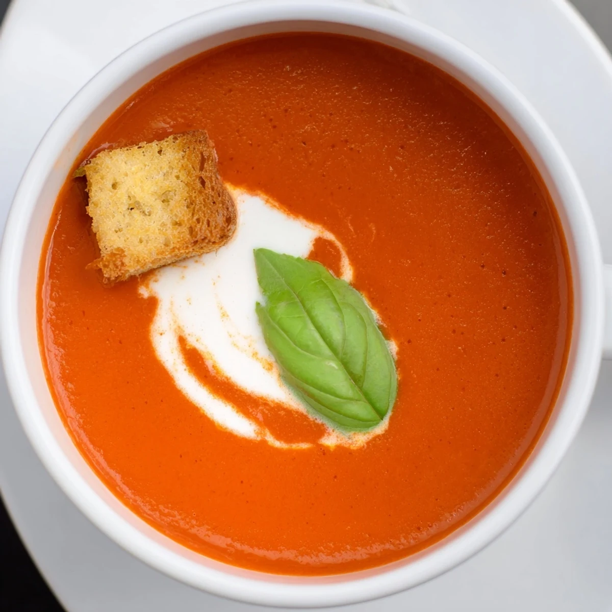Homemade Creamy Tomato Bisque in a white bowl, garnished with croutons and herbs, ready to eat.