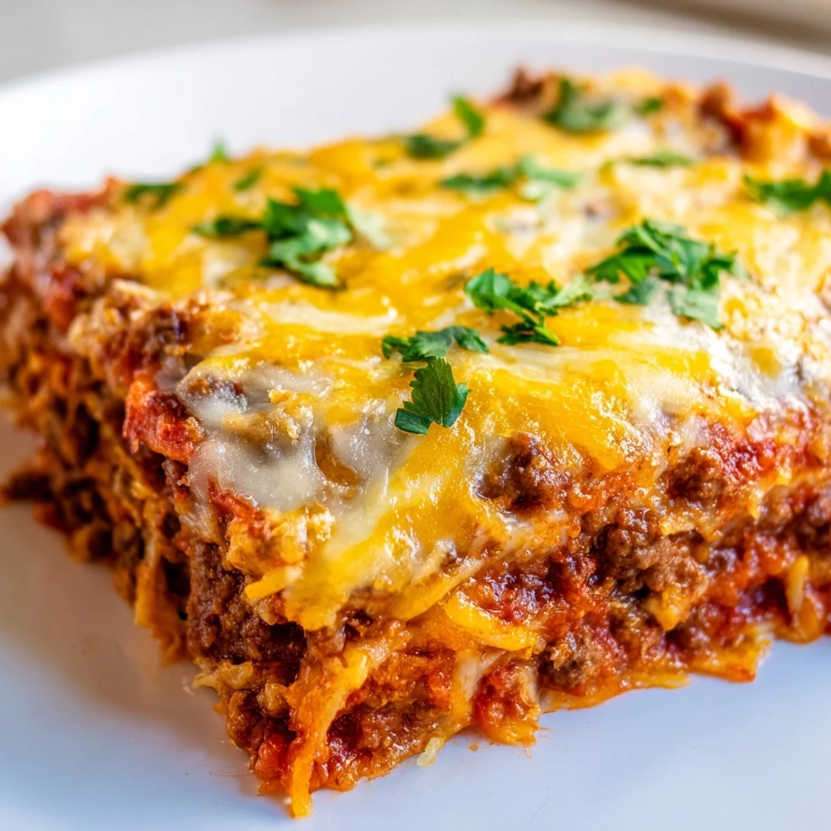 Beef Enchilada Casserole fresh from the oven with golden, bubbly melted cheese on top.