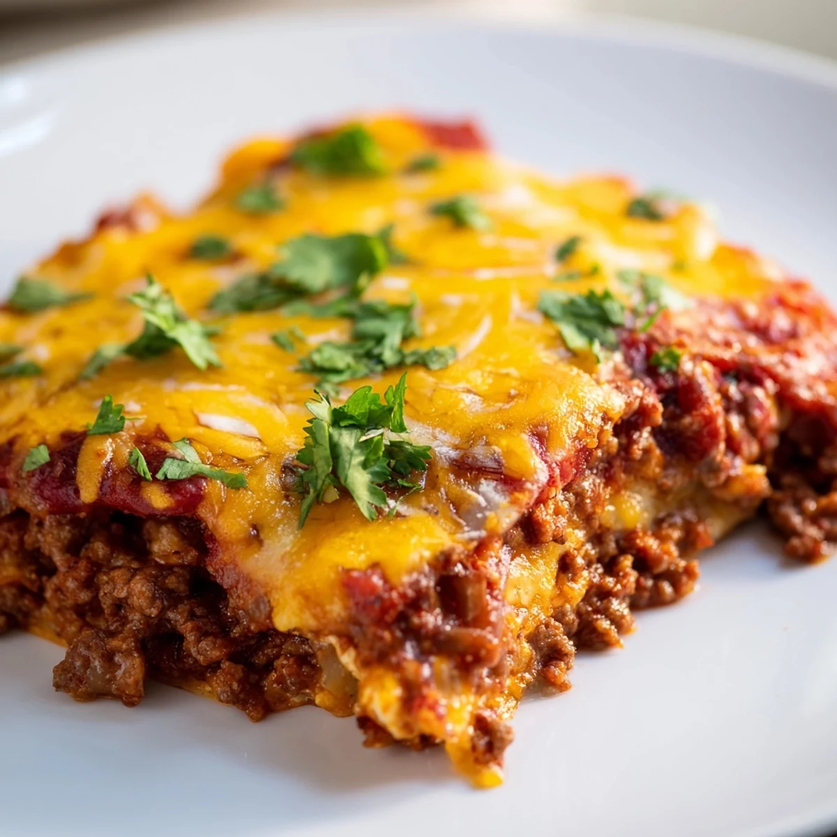 This hearty layered casserole features seasoned ground beef, corn tortillas, and rich red enchilada sauce.