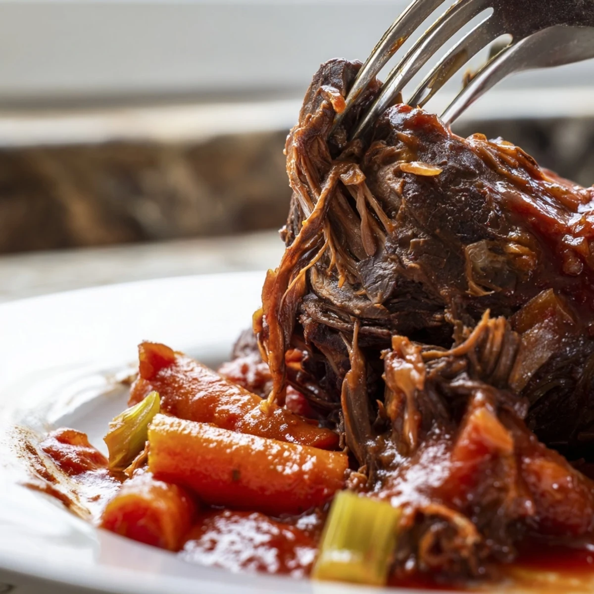 Hearty Slow Cooked Beef Shank with Rosemary and Thyme served over creamy polenta for dinner.