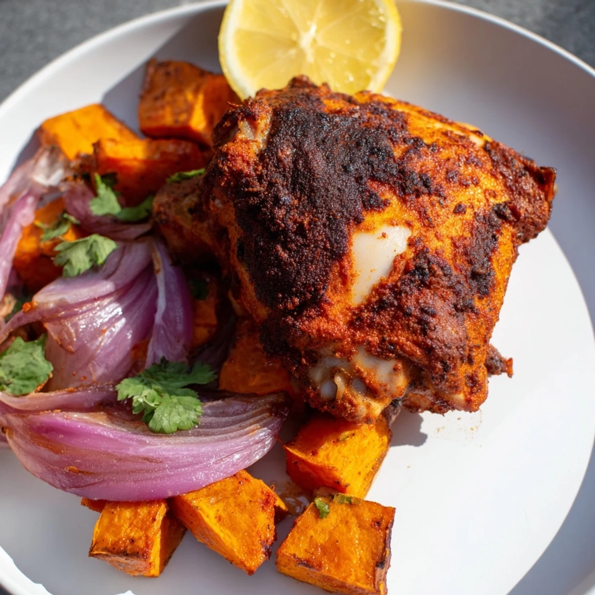 Close-up of juicy Sheet Pan Harissa Chicken thighs, marinated in spicy red paste, nestled among roasted sweet potatoes.